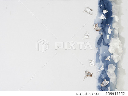 On the far right, a sophisticated vertical line of indigo and platinum silver watercolors is drawn against a white washi paper background. 139953552