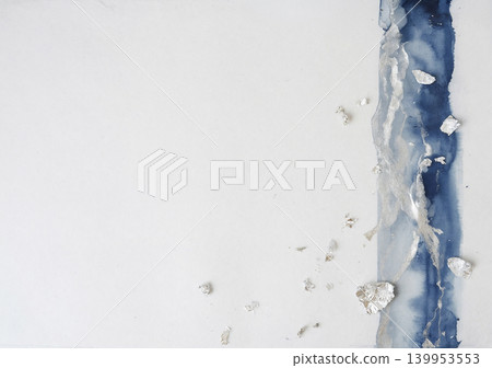 On the far right, a sophisticated vertical line of indigo and platinum silver watercolors is drawn against a white washi paper background. 139953553