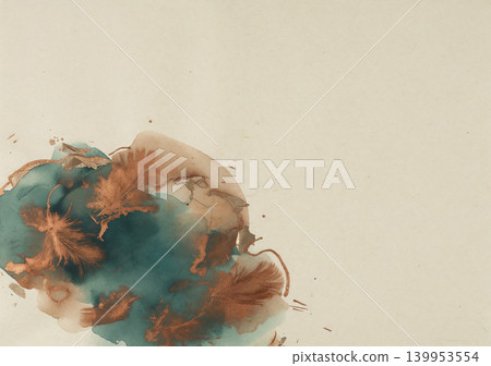 左下角，青綠色和銅色調的水彩畫抽像地混合在未經漂白的日本紙背景上。 139953554