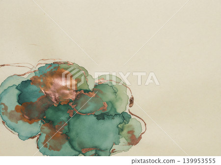 左下角，青綠色和銅色調的水彩畫抽像地混合在未經漂白的日本紙背景上。 139953555