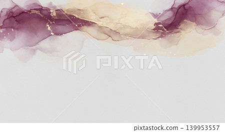 A gray Japanese paper background with wavy watercolors of plum red and champagne gold at the top. A gray Japanese paper background with wavy watercolors of plum red and champagne gold at the top. 139953557