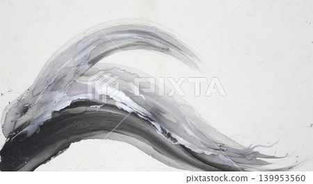現代日式背景，白色和紙，以抽像水彩畫為特色，墨水和銀色從左下角呈弧形流動。 139953560