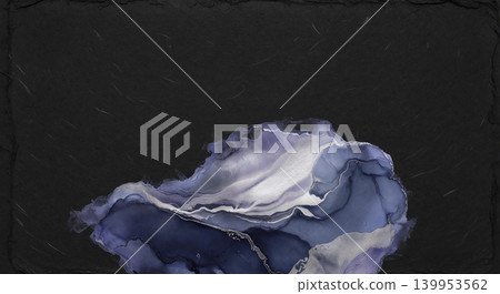 A modern Japanese background on black washi paper, with abstract watercolors of dark blue and platinum spreading across the bottom center. A modern Japanese background on black washi paper, with abstract watercolors of dark blue and platinum spreading across the bottom center. 139953562