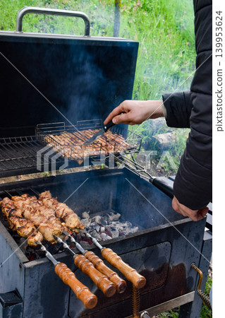 Grilled meat skewers on a barbecue grill. Smoke rises from the cooking food. Juicy pieces of meat are arranged in a metal grilling basket. 139953624