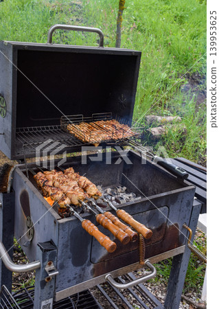 Grilled meat skewers on a barbecue grill. Smoke rises from the cooking food. Juicy pieces of meat are arranged in a metal grilling basket. Grilled meat skewers on a barbecue grill. Smoke rises from the cooking food. Juicy pieces of meat are arranged in a metal grilling basket. 139953625