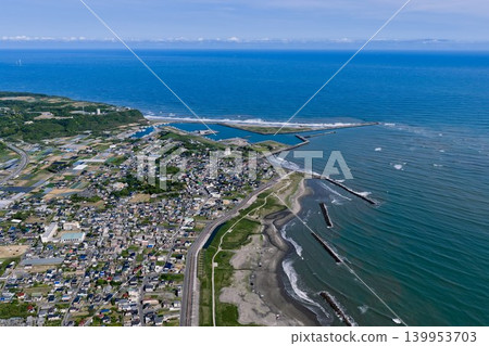 Aerial view of Iioka Fishing Port and Kujukuri Coast in Chiba Prefecture. Aerial view of Iioka Fishing Port and Kujukuri Coast in Chiba Prefecture. 139953703