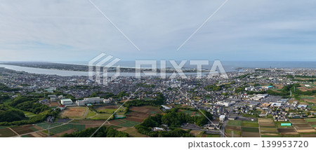 An ultra-wide-angle aerial panorama overlooking Choshi City, Chiba Prefecture, and the mouth of the Tone River. An ultra-wide-angle aerial panorama overlooking Choshi City, Chiba Prefecture, and the mouth of the Tone River. 139953720