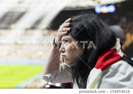 Worried woman football supporter with hand on forehead watching tense match from stadium stands, red scarf and disappointment. Fan with head in hands being shocked and stunned, despair. Worried woman football supporter with hand on forehead watching tense match from stadium stands, red scarf and disappointment. Fan with head in hands being shocked and stunned, despair. 139954016
