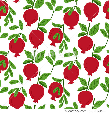 Pattern features red pomegranates with green leaves on a white background, suitable for various design applications including textiles and wallpapers Pattern features red pomegranates with green leaves on a white background, suitable for various design applications including textiles and wallpapers 139954469