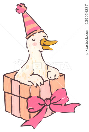 Silly goose birthday illustration set, cute coquette goose character with bow, party hat, present gift, whimsical cartoon duck collection, playful hand-drawn nursery invitation decor Silly goose birthday illustration set, cute coquette goose character with bow, party hat, present gift, whimsical cartoon duck collection, playful hand-drawn nursery invitation decor 139954827