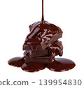 Liquid chocolate syrup pouring over a stack of chocolate pieces isolated on a white background. Clipping path. 139954830