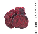 Crispy roasted beetroot chips with sea salt, isolated on white background. Healthy and crunchy natural vegetable snack. Clipping path. 139954834