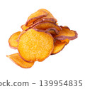 Crispy roasted sweet potato chips with sea salt, isolated on white background. Healthy and crunchy natural vegetable snack. Clipping path. 139954835
