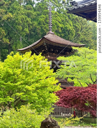 長野縣佐久市新海三社的三層寶塔和鬱鬱蔥蔥的綠植。 長野縣佐久市新海三社的三層寶塔和鬱鬱蔥蔥的綠植。 139954846
