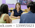 A young man and woman discuss a drawing, showcasing teamwork and learning. 139955023