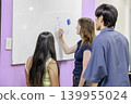 A group of university students writing on a whiteboard. 139955024