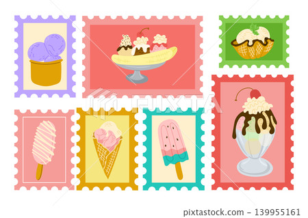 Colorful illustration of various ice cream desserts displayed on postage stamp designs, featuring cones, sundaes, and popsicles in vibrant colors and playful arrangements Colorful illustration of various ice cream desserts displayed on postage stamp designs, featuring cones, sundaes, and popsicles in vibrant colors and playful arrangements 139955161