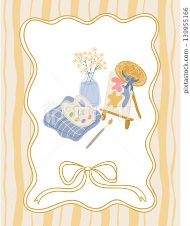 Illustration of art supplies including a palette, paintbrush, easel, and vase with flowers, set against a striped background with a decorative border Illustration of art supplies including a palette, paintbrush, easel, and vase with flowers, set against a striped background with a decorative border 139955166