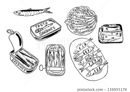 Hand-drawn illustration of various sardines in cans and on a plate, showcasing different arrangements and styles of this popular seafood delicacy 139955176