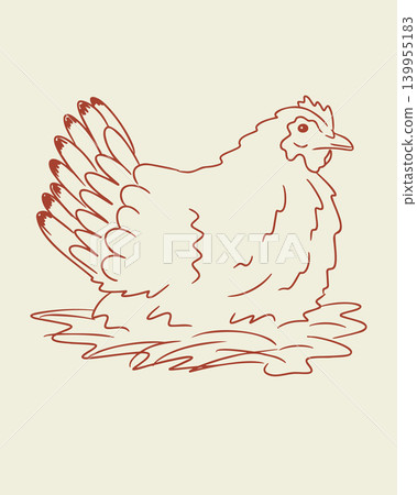 Line drawing of a chicken with detailed feathers and a rounded body, depicted in a minimalist style against a light beige background Line drawing of a chicken with detailed feathers and a rounded body, depicted in a minimalist style against a light beige background 139955183