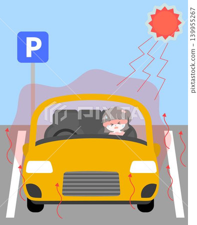 Illustration of a small child left unattended in a car in a parking lot | Illustration to warn against heatstroke Illustration of a small child left unattended in a car in a parking lot | Illustration to warn against heatstroke 139955267