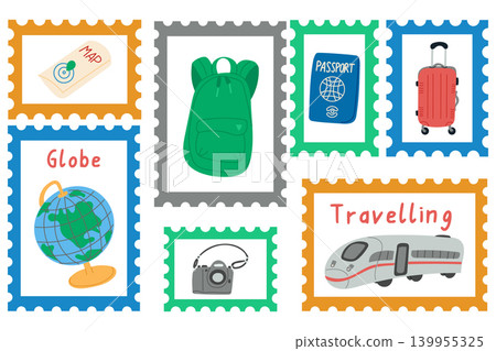 Colorful travel-themed stamps featuring a globe, backpack, passport, suitcase, camera, and train, arranged in a creative layout on a white background Colorful travel-themed stamps featuring a globe, backpack, passport, suitcase, camera, and train, arranged in a creative layout on a white background 139955325