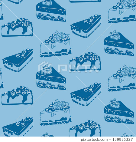 Pattern design featuring various slices of cake with decorative toppings on a blue background, ideal for textiles, wallpapers, or culinary-themed projects Pattern design featuring various slices of cake with decorative toppings on a blue background, ideal for textiles, wallpapers, or culinary-themed projects 139955327