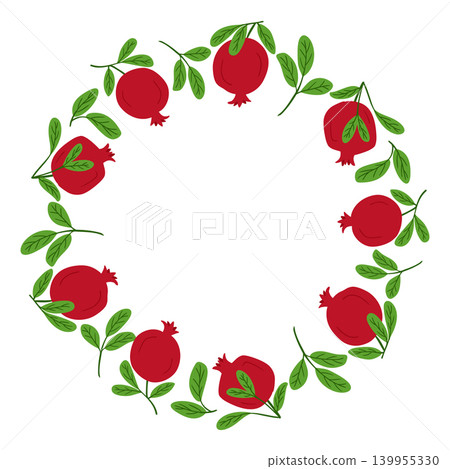 Circular design featuring red pomegranates and green leaves on a white background, suitable for various decorative applications and seasonal events Circular design featuring red pomegranates and green leaves on a white background, suitable for various decorative applications and seasonal events 139955330
