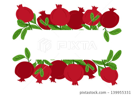 Decorative illustration featuring vibrant red pomegranates and green leaves arranged in a border design with ample white space for text placement Decorative illustration featuring vibrant red pomegranates and green leaves arranged in a border design with ample white space for text placement 139955331