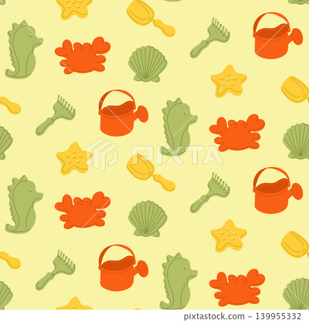 Colorful beach-themed illustration featuring playful sea creatures, buckets, and sand toys arranged in a repeating pattern on a light yellow background Colorful beach-themed illustration featuring playful sea creatures, buckets, and sand toys arranged in a repeating pattern on a light yellow background 139955332