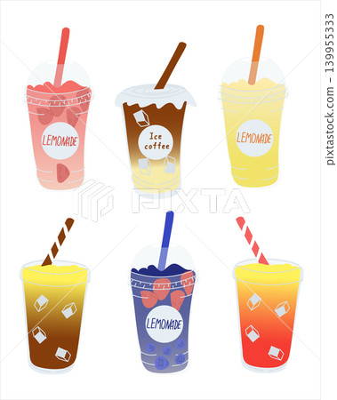 Six colorful beverage illustrations featuring lemonade, iced coffee, and various flavors in transparent cups with straws and ice cubes on a white background Six colorful beverage illustrations featuring lemonade, iced coffee, and various flavors in transparent cups with straws and ice cubes on a white background 139955333