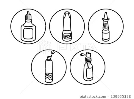 Illustration of various adhesive bottles including glue, nail polish, and spray in circular frames on a white background for design and educational purposes 139955358