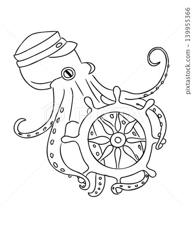 Illustration of an octopus wearing a sailor hat, grasping a ship's wheel with its tentacles, designed in a black and white line art style for coloring or nautical themes Illustration of an octopus wearing a sailor hat, grasping a ship's wheel with its tentacles, designed in a black and white line art style for coloring or nautical themes 139955366