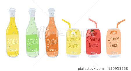 Bottles of soda and juice are arranged in a row, featuring vibrant labels such as lemon juice, cherry juice, and orange juice on a clean white background Bottles of soda and juice are arranged in a row, featuring vibrant labels such as lemon juice, cherry juice, and orange juice on a clean white background 139955368