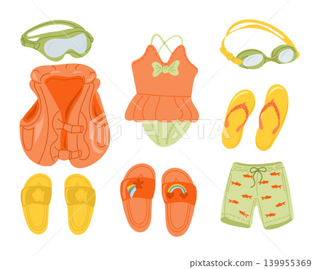 Colorful summer swimwear and accessories including goggles, life vest, swimsuit, flip flops, and shorts arranged on a white background for beach or pool activities Colorful summer swimwear and accessories including goggles, life vest, swimsuit, flip flops, and shorts arranged on a white background for beach or pool activities 139955369