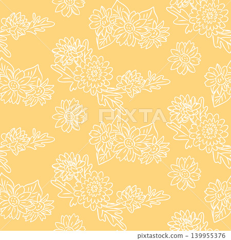 Floral pattern illustration featuring white line drawings of various flowers on a soft yellow background, suitable for textile or wallpaper design Floral pattern illustration featuring white line drawings of various flowers on a soft yellow background, suitable for textile or wallpaper design 139955376