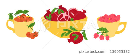 Colorful illustration of various fruits including cherries, pomegranates, and raspberries in yellow bowls and cups on a white background Colorful illustration of various fruits including cherries, pomegranates, and raspberries in yellow bowls and cups on a white background 139955382