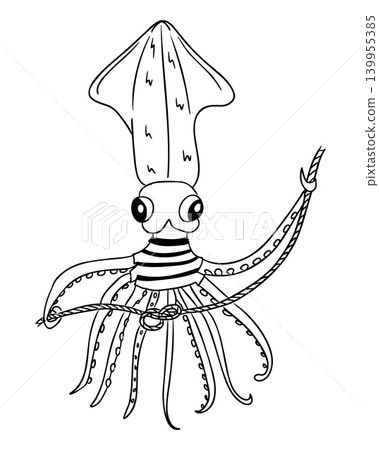 Cartoon illustration of a squid with large eyes and striped body, holding a rope with its tentacles, set against a plain white background Cartoon illustration of a squid with large eyes and striped body, holding a rope with its tentacles, set against a plain white background 139955385