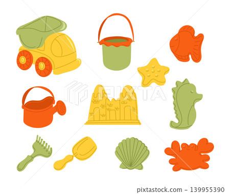 Colorful beach toys including a truck, bucket, fish, starfish, seahorse, sandcastle, and various tools arranged on a white background for childrens play and creativity 139955390