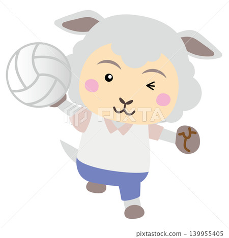 一隻綿羊角色正在充滿活力地享受排球運動。 一隻綿羊角色正在充滿活力地享受排球運動。 139955405