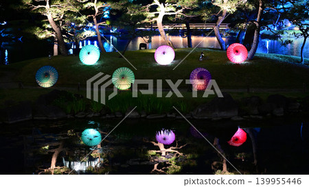 Evening gathering at the former Shiba Imperial Villa, traditional Japanese umbrella 139955446