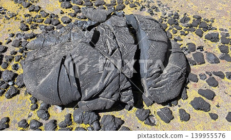 Black volcanic rocks on sandy ground, natural stone texture with rugged cracked surface for geology, nature, travel and outdoor background themes. Black volcanic rocks on sandy ground, natural stone texture with rugged cracked surface for geology, nature, travel and outdoor background themes. 139955576