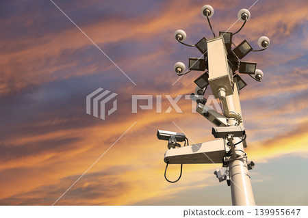 Street lamp on Tiananmen Square in Beijing, China (against the sunset), with propaganda or public announcement speakers     139955647