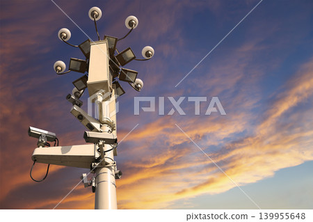 Street lamp on Tiananmen Square in Beijing, China (against the sunset), with propaganda or public announcement speakers     139955648