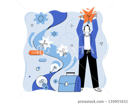 Businessman holding a glowing lightbulb star vector illustration. Creative thinking, business strategy, career growth, innovation, success, problem solving. Entrepreneur lifting a bright idea lamp Businessman holding a glowing lightbulb star vector illustration. Creative thinking, business strategy, career growth, innovation, success, problem solving. Entrepreneur lifting a bright idea lamp 139955832