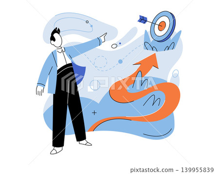 Businessman pointing at a target with a growth arrow vector illustration. Business strategy, goal achievement, career growth, marketing, success, leadership. Professional male gesturing at a bullseye Businessman pointing at a target with a growth arrow vector illustration. Business strategy, goal achievement, career growth, marketing, success, leadership. Professional male gesturing at a bullseye 139955839