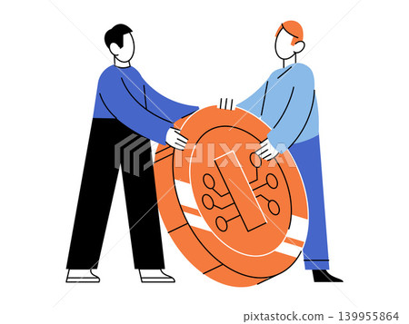 Two men rolling a large digital coin vector illustration. Crypto investment, blockchain, fintech, digital economy, teamwork, global finance. Pair of males moving a giant electronic token Two men rolling a large digital coin vector illustration. Crypto investment, blockchain, fintech, digital economy, teamwork, global finance. Pair of males moving a giant electronic token 139955864