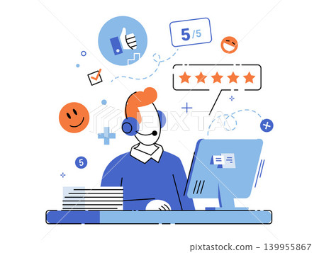 Customer service agent at computer with feedback icons vector illustration. Client support, user experience, online rating, business communication, satisfaction, help desk. Call center worker at desk 139955867