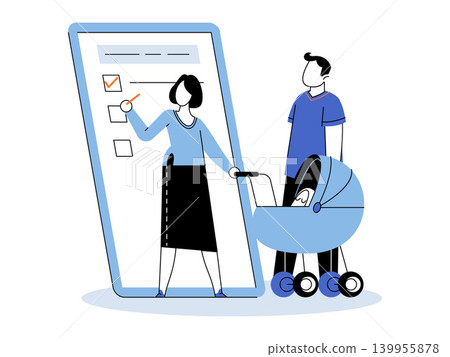 Woman exiting phone screen to check list near man with baby stroller vector illustration. Online shopping, registry, planning, mobile app, parenting, organization. Female leaving device by pram Woman exiting phone screen to check list near man with baby stroller vector illustration. Online shopping, registry, planning, mobile app, parenting, organization. Female leaving device by pram 139955878