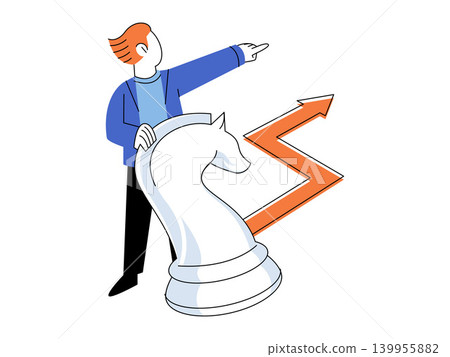 Businessman pointing next to a chess knight and rising arrow vector illustration. Strategic planning, growth, leadership, analysis, advantage, goals. Manager gesturing by a game piece Businessman pointing next to a chess knight and rising arrow vector illustration. Strategic planning, growth, leadership, analysis, advantage, goals. Manager gesturing by a game piece 139955882